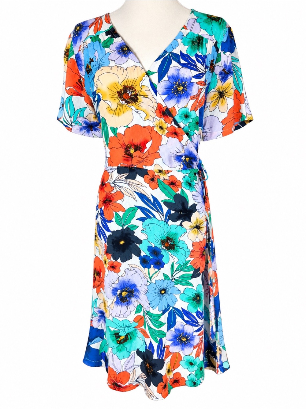 O’Neill Floral Wrap Dress Women’s M Multicolor Short Sleeve Gauzy Lightweight
